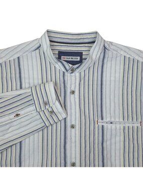 32 Bar Blues Mens Striped Button-Down Shirt Mandarin Collar Long Sleeves Size L
